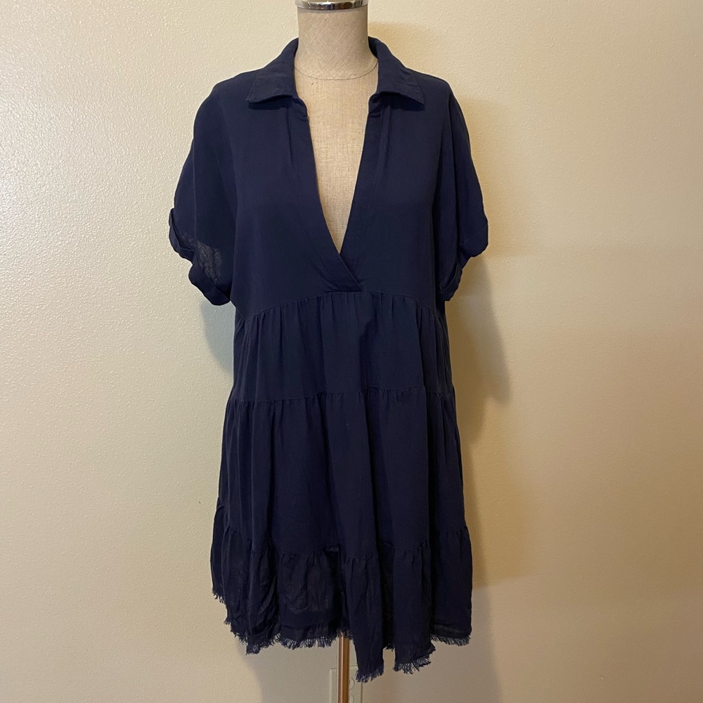 Umgee Navy Short Tiered V-Neck Dress